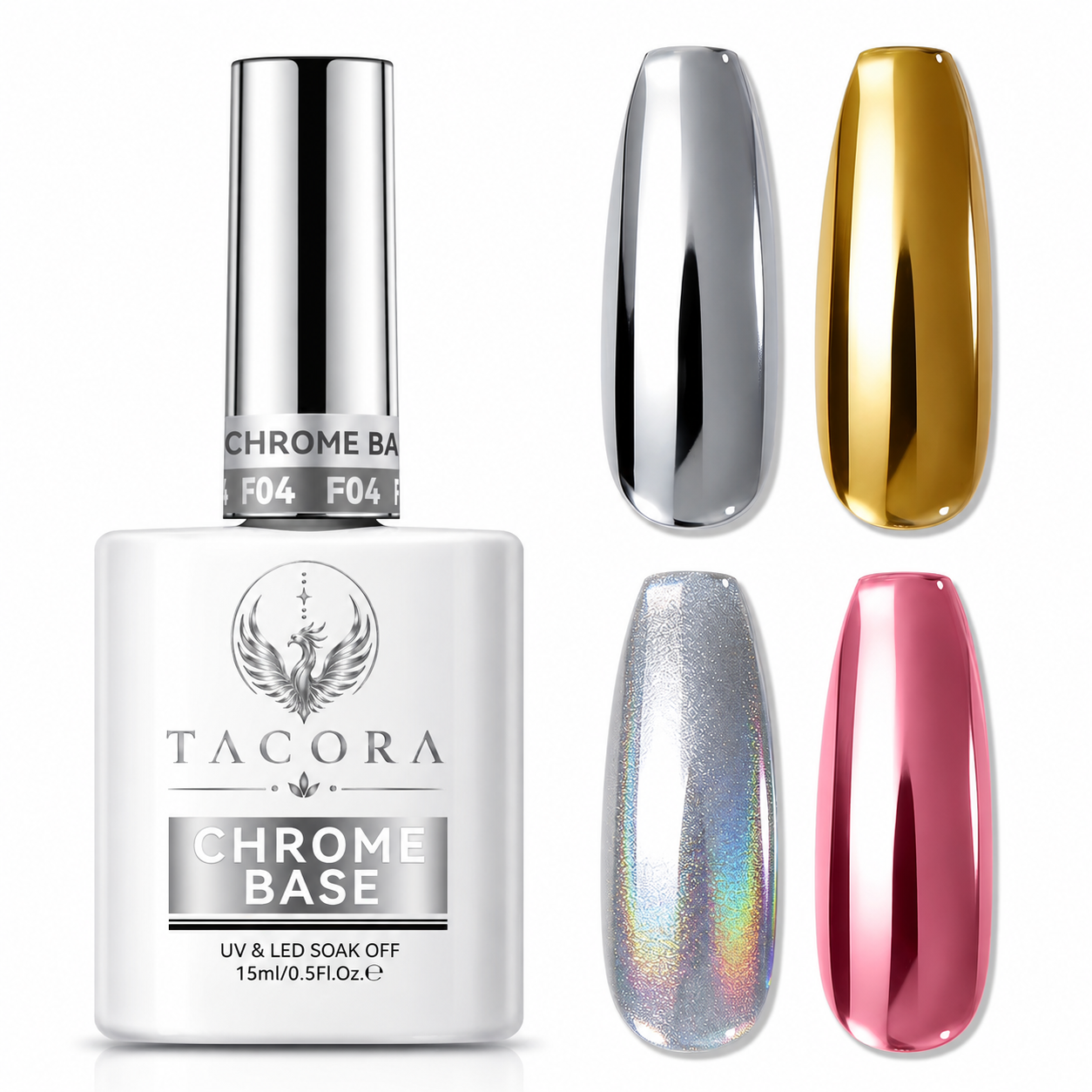 Tacora Chrome Base F04 UV LED nail polish with silver gold holographic and pink chrome swatches