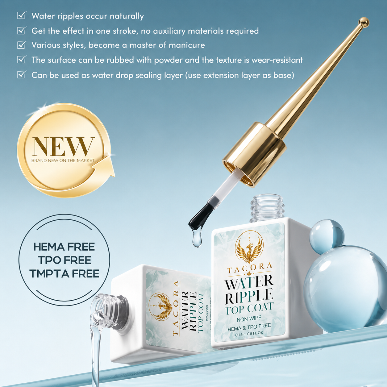 Tacora Water Ripple Top Coat HEMA TPO free with colorful nail swatches