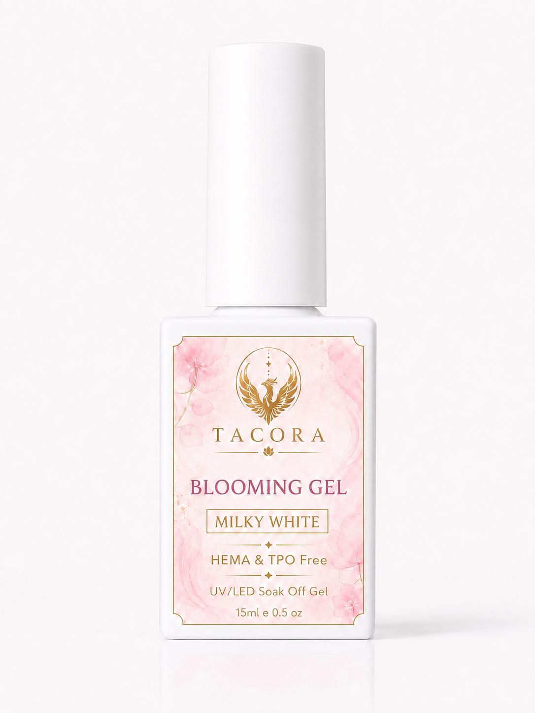 Tacora Blooming Gel Milky White 15ml HEMA TPO free UV LED soak-off gel bottle pink floral label