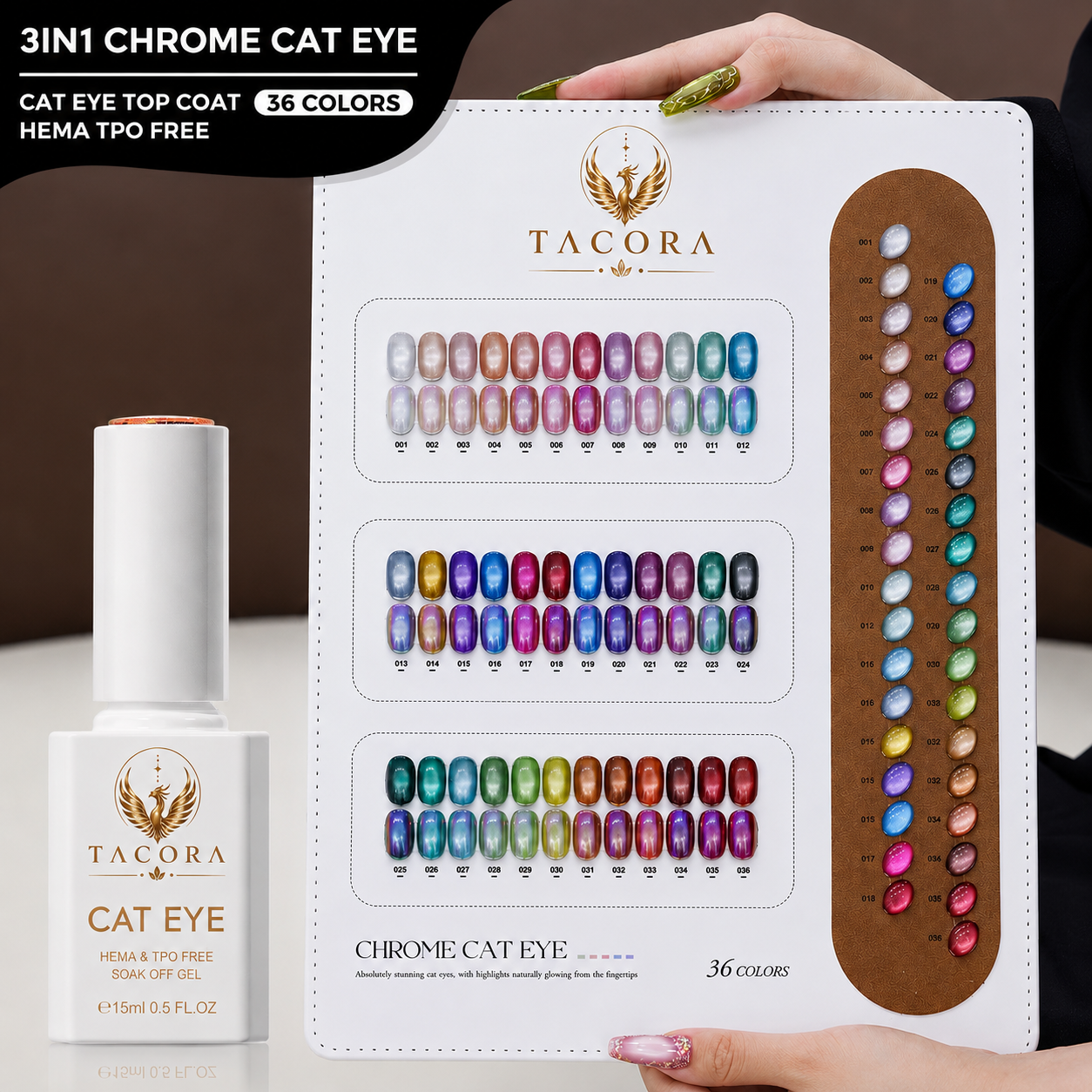 Tacora Chrome Cat Eye Gel 3-in-1 bottle with 36-color swatch chart HEMA TPO free UV LED soak-off gel