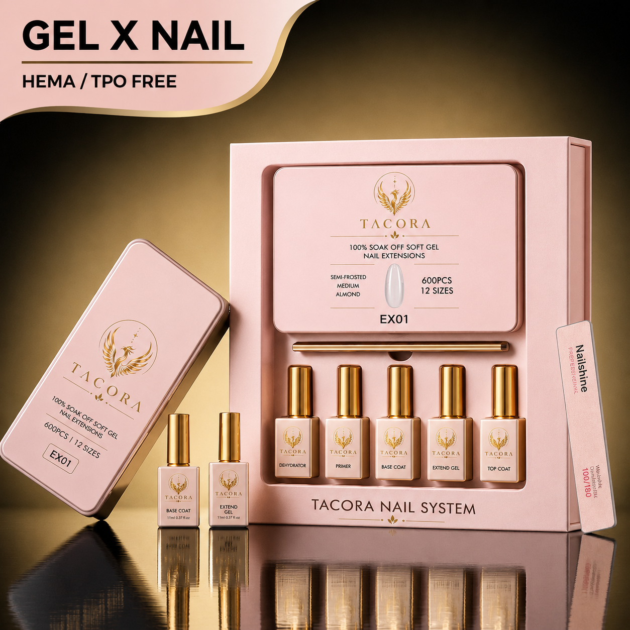 Tacora Gel X Nail System complete kit with 5 gel bottles dehydrator primer base coat extend gel top coat 600 soft gel tips pink tin case HEMA TPO free