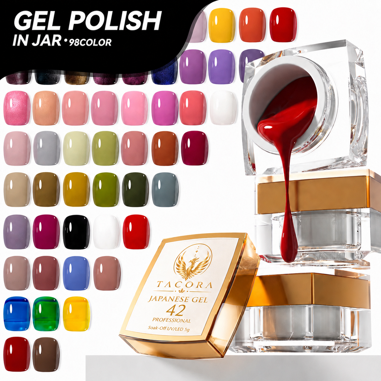 Tacora Japanese Gel Polish 98 color collection 5g pod jars with color swatch chart UV LED soak-off professional