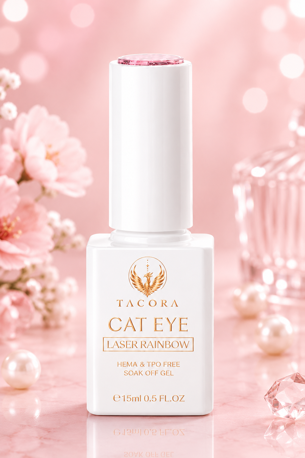 Tacora Cat Eye Laser Rainbow 15ml bottle HEMA TPO free soak-off gel pink floral background