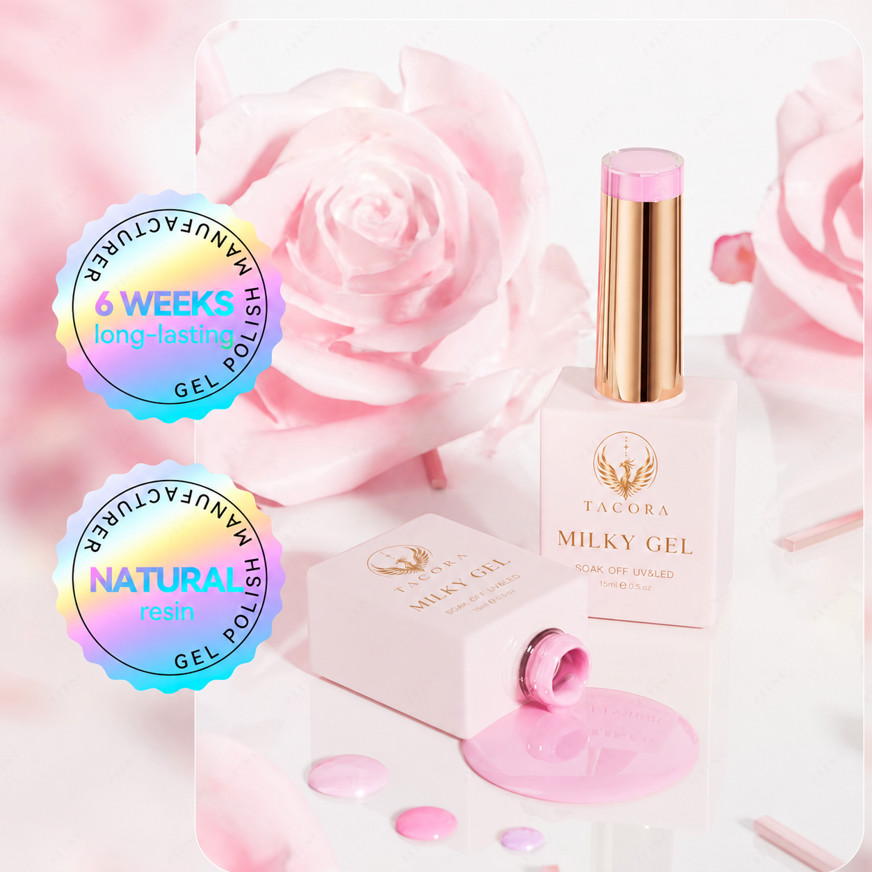 Tacora Milky Gel Polish 15ml bottle with gold cap pink packaging soak-off UV LED gel polish