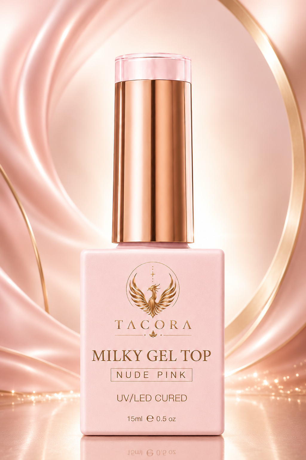 Tacora Milky Gel Top Coat Nude Pink 15ml bottle UV LED cured soak-off gel pink silk background