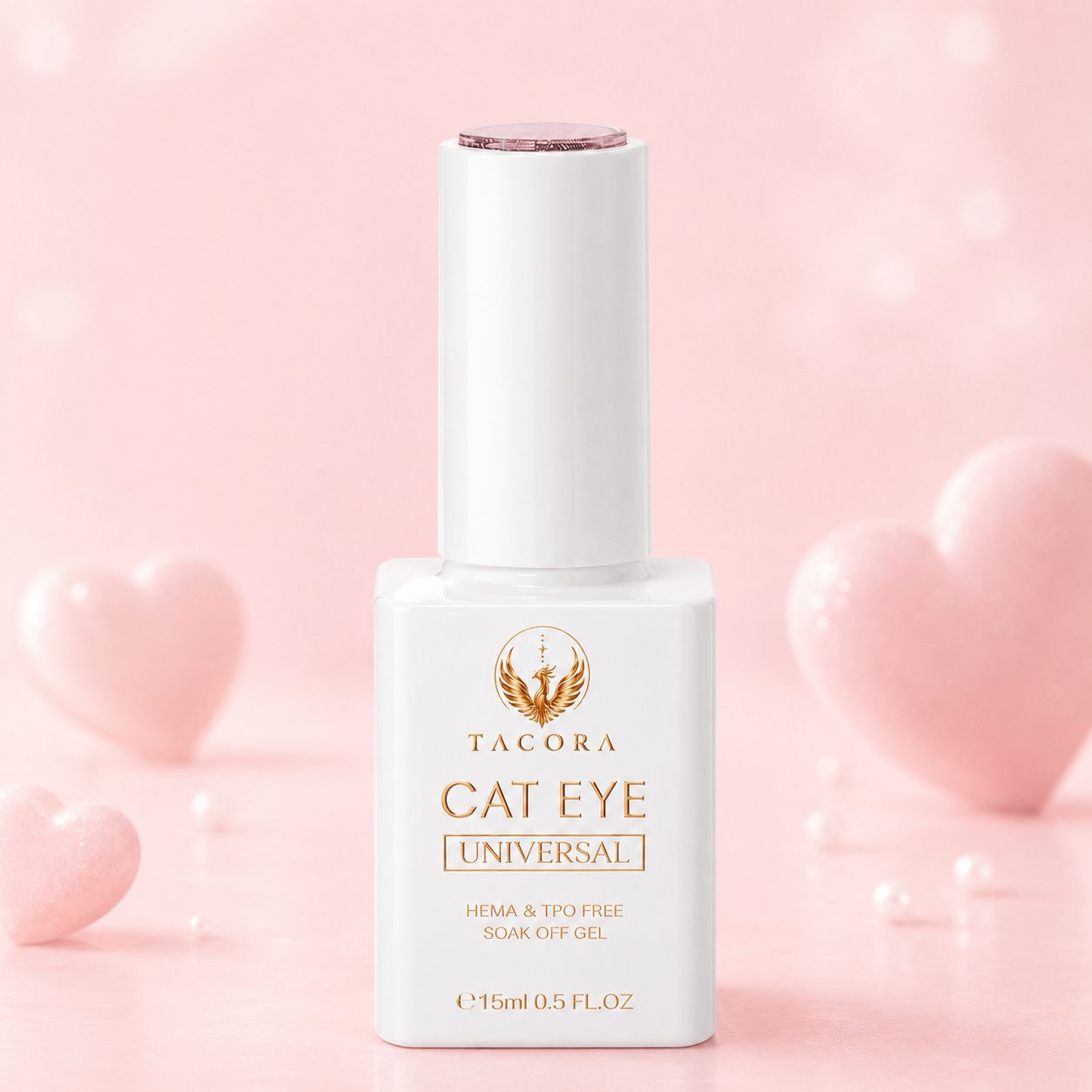 Tacora Universal Cat Eye Gel 15ml white bottle HEMA TPO free soak-off gel pink background