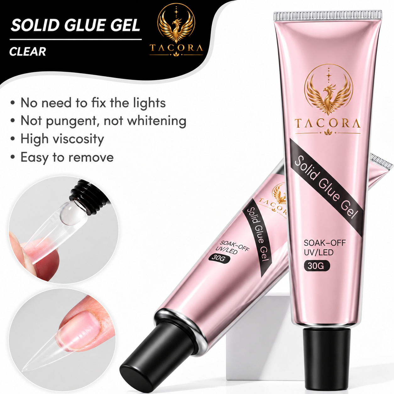 Tacora Solid Glue Gel Clear 30g soak-off UV LED tube